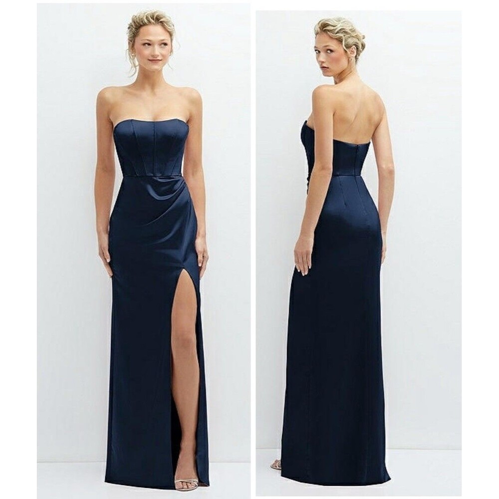 Dessy After Six Strapless Topstitched Corset Satin Maxi Dress Navy Size 6 Formal